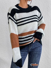 Load image into Gallery viewer, Contrast Striped Round Neck Long Sleeve Sweater
