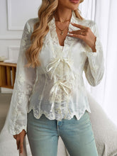 Load image into Gallery viewer, Devine Tied Frill V-Neck Long Sleeve Lace Top
