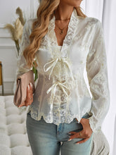 Load image into Gallery viewer, Devine Tied Frill V-Neck Long Sleeve Lace Top
