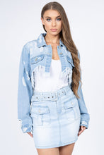 Load image into Gallery viewer, American Bazi Distressed Denim Jacket with Frayed Hem
