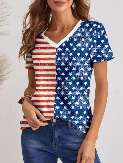 Printed Stars and Strips V-Neck Short Sleeve T-Shirt